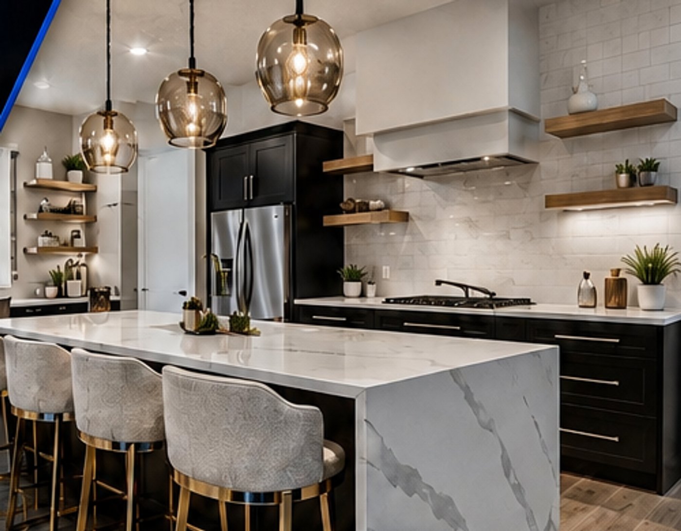 Custom kitchen remodel with waterfall marble island by Thompson Carpentry
